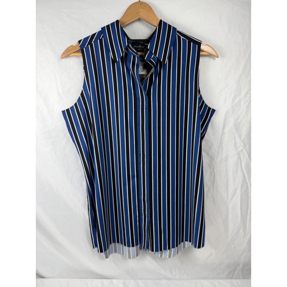 Belyn Key Small Blue‎ Stripe Sleeveless Golf Polo Top UPF 50 Collared